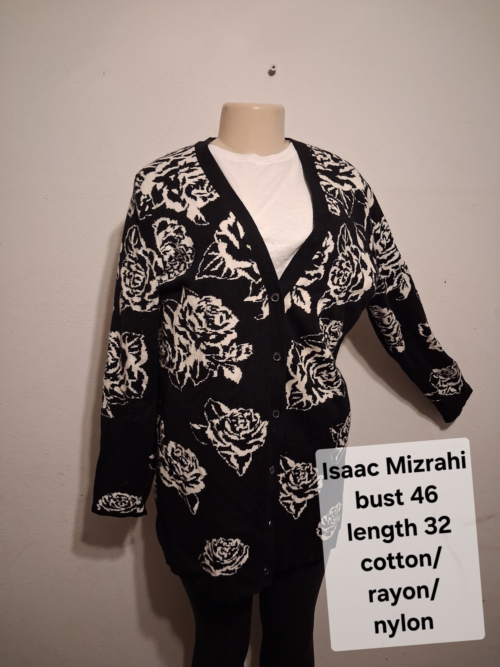 Isaac Mizrahi Black and White Rose Print Cardigan
